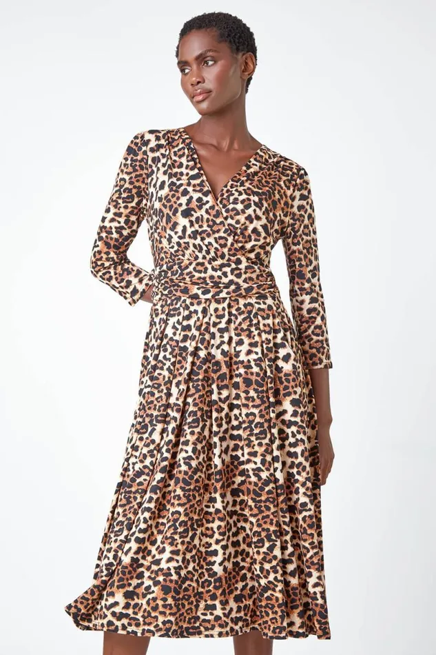 Camel Leopard Print Mock Wrap Midi Stretch Dress Women Roman Dresses