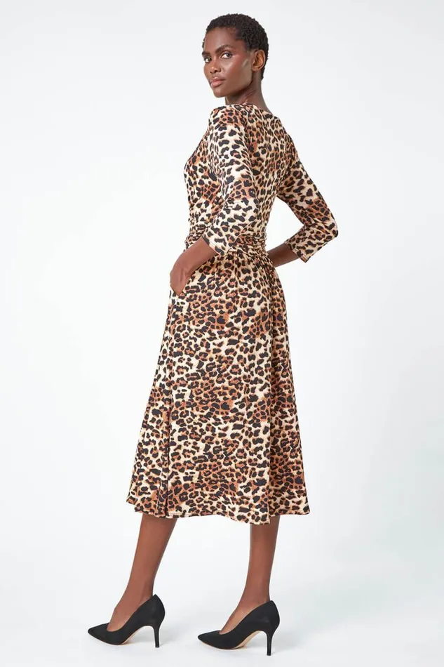 Camel Leopard Print Mock Wrap Midi Stretch Dress Women Roman Dresses