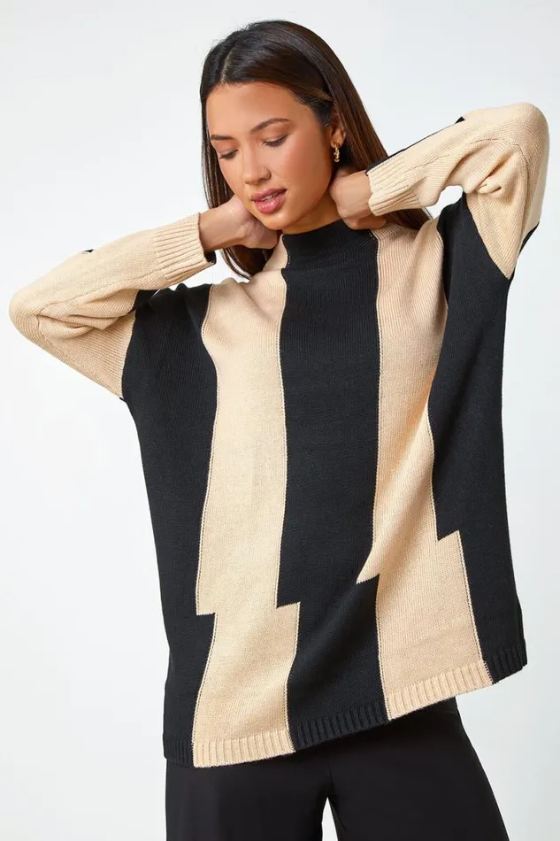 Camel Split Stripe High Neck Longline Jumper Women Roman Knitwear