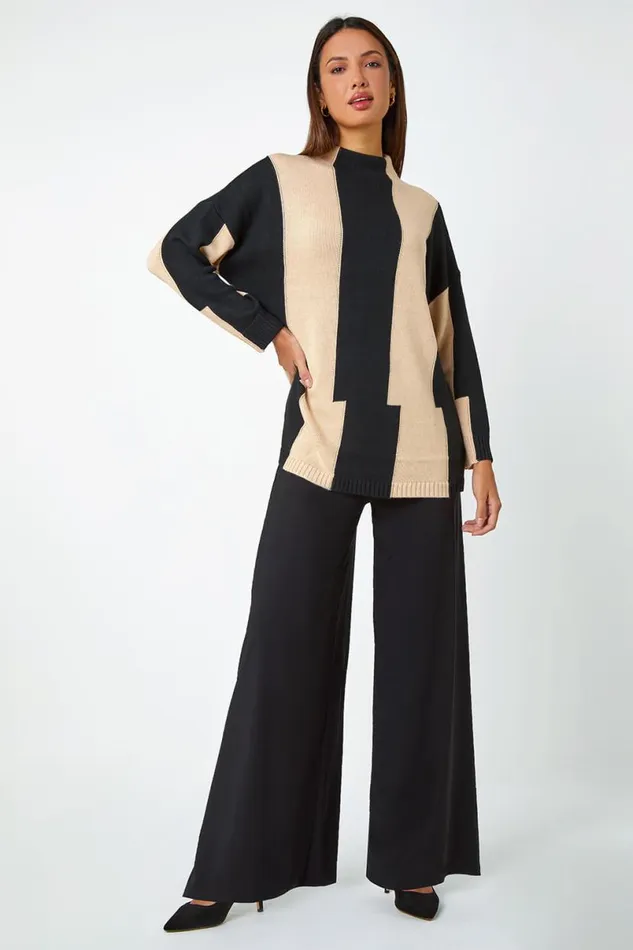 Camel Split Stripe High Neck Longline Jumper Women Roman Knitwear