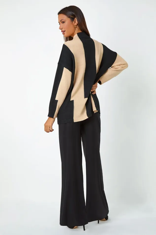 Camel Split Stripe High Neck Longline Jumper Women Roman Knitwear