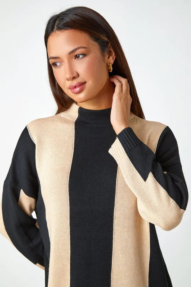 Camel Split Stripe High Neck Longline Jumper Women Roman Knitwear