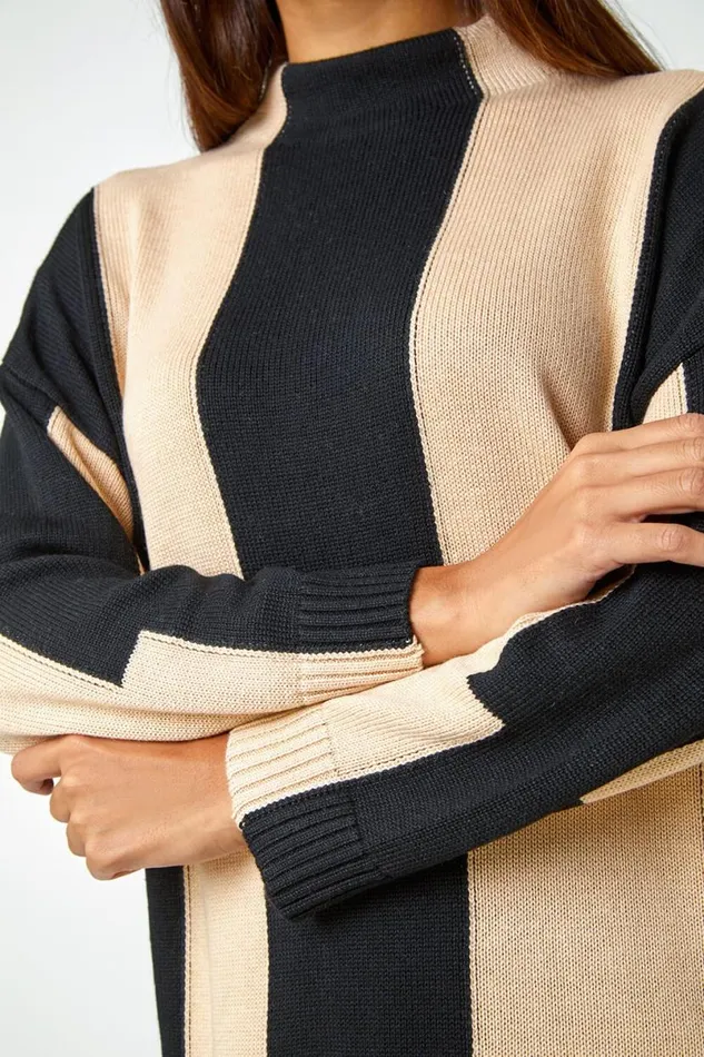 Camel Split Stripe High Neck Longline Jumper Women Roman Knitwear