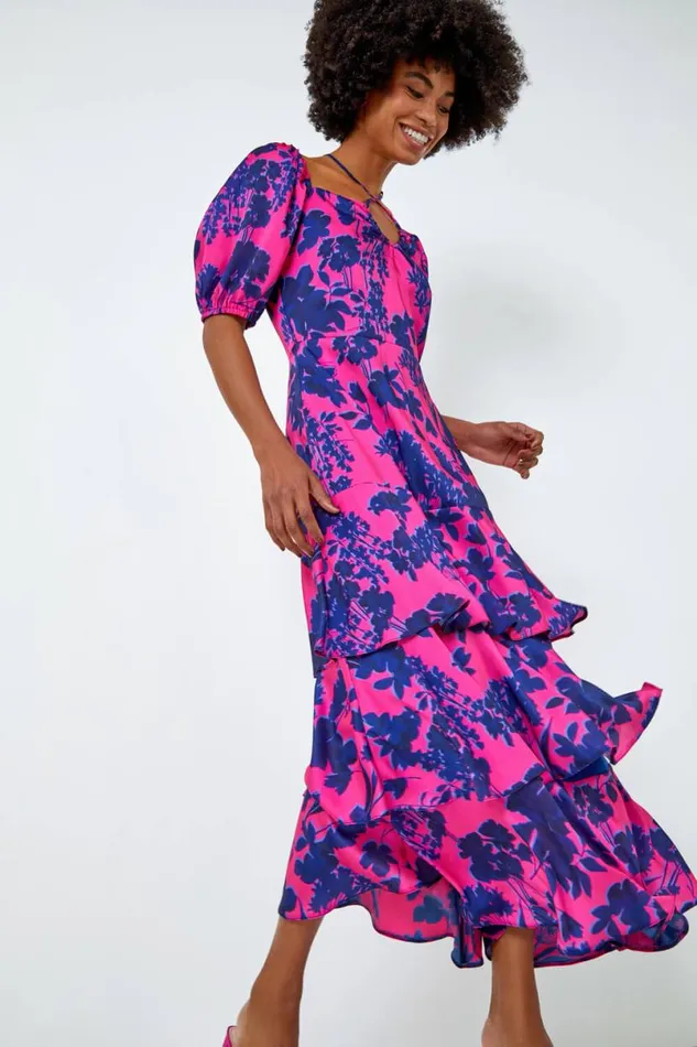 Cerise Floral Puff Sleeve Tiered Maxi Dress Women Roman Dresses