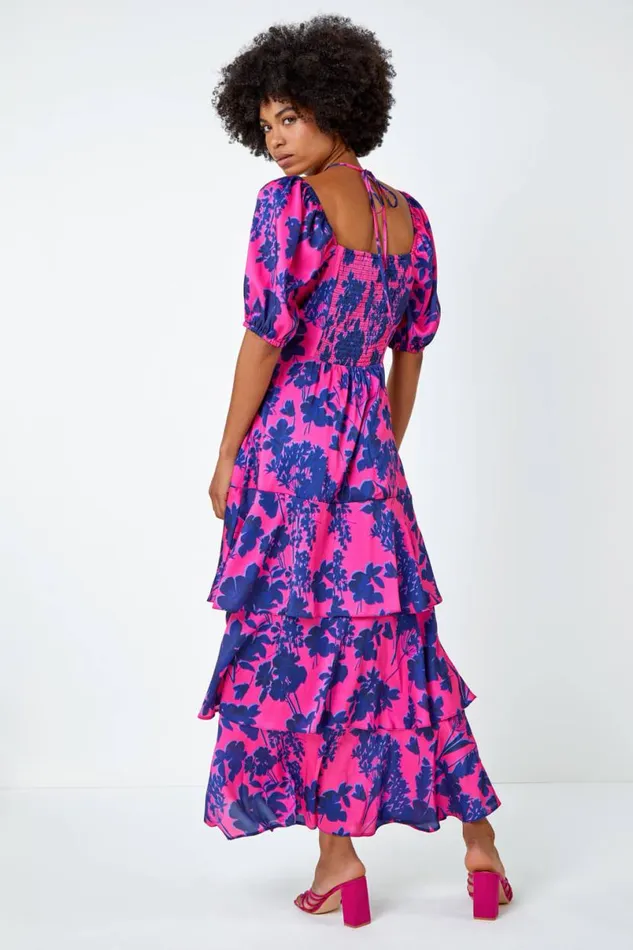 Cerise Floral Puff Sleeve Tiered Maxi Dress Women Roman Dresses