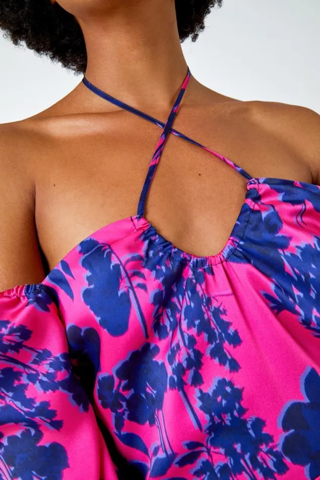 Cerise Floral Puff Sleeve Tiered Maxi Dress Women Roman Dresses