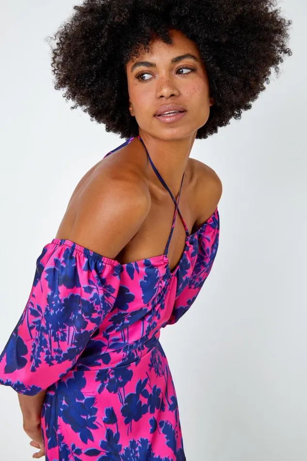 Cerise Floral Puff Sleeve Tiered Maxi Dress Women Roman Dresses
