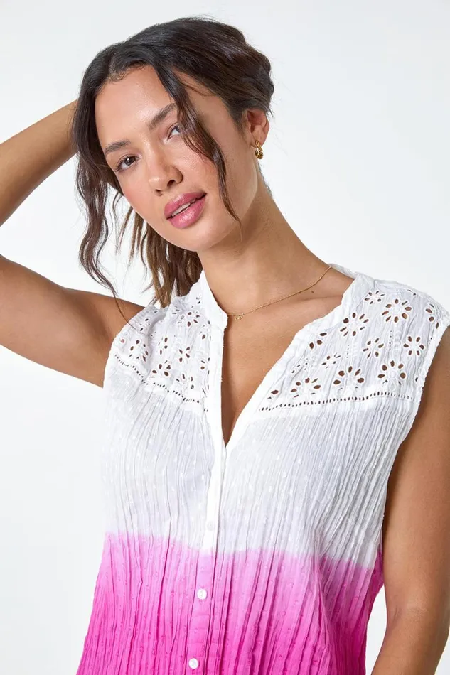 Cerise Ombre Embroidered VNeck Crinkle Blouse Women Roman Tops