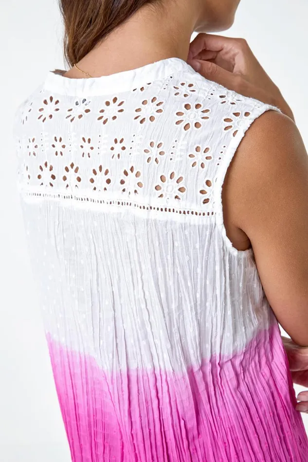 Cerise Ombre Embroidered VNeck Crinkle Blouse Women Roman Tops