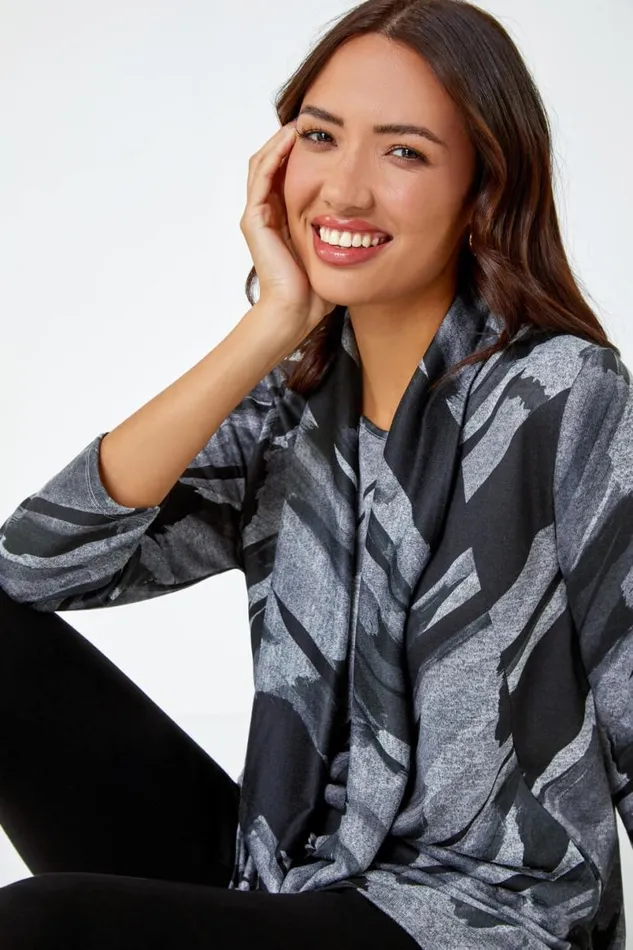 Charcoal Abstract Print Pocket Tunic Top With Snood Women Roman Tops