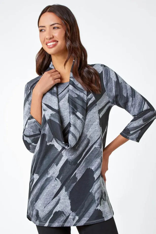 Charcoal Abstract Print Pocket Tunic Top With Snood Women Roman Tops