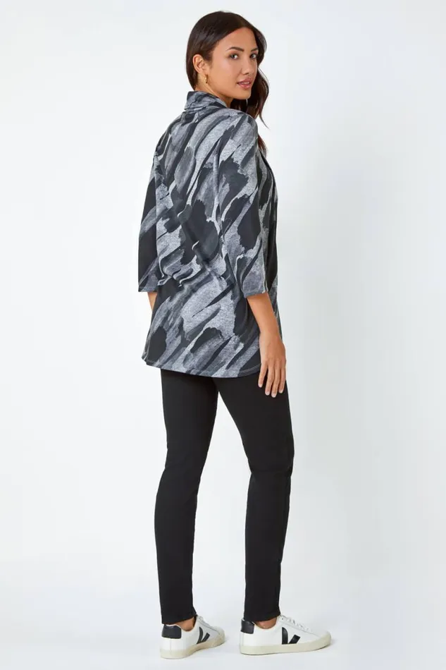 Charcoal Abstract Print Pocket Tunic Top With Snood Women Roman Tops