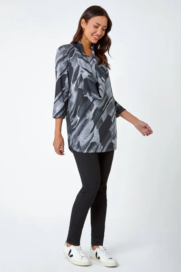 Charcoal Abstract Print Pocket Tunic Top With Snood Women Roman Tops