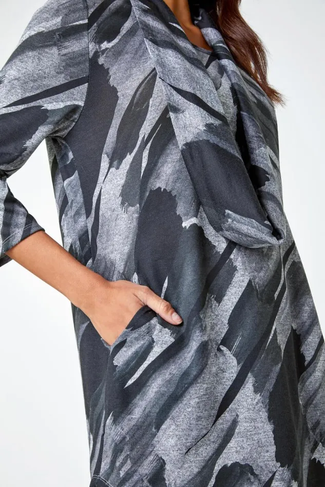 Charcoal Abstract Print Pocket Tunic Top With Snood Women Roman Tops