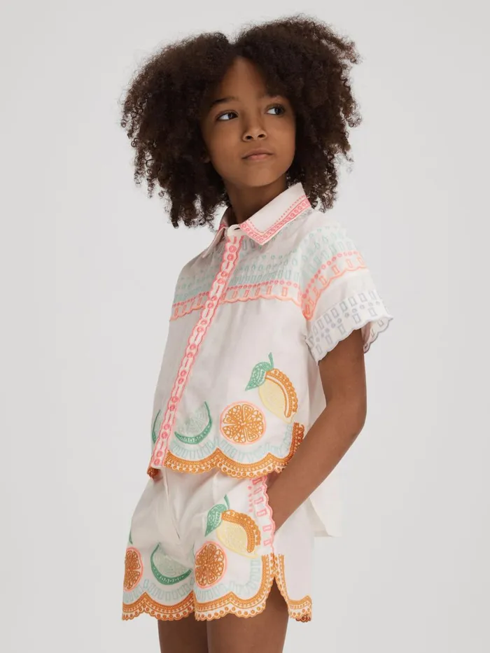 Children Reiss CoOrds Cesca Cotton Broderie Shirt Ivory Print