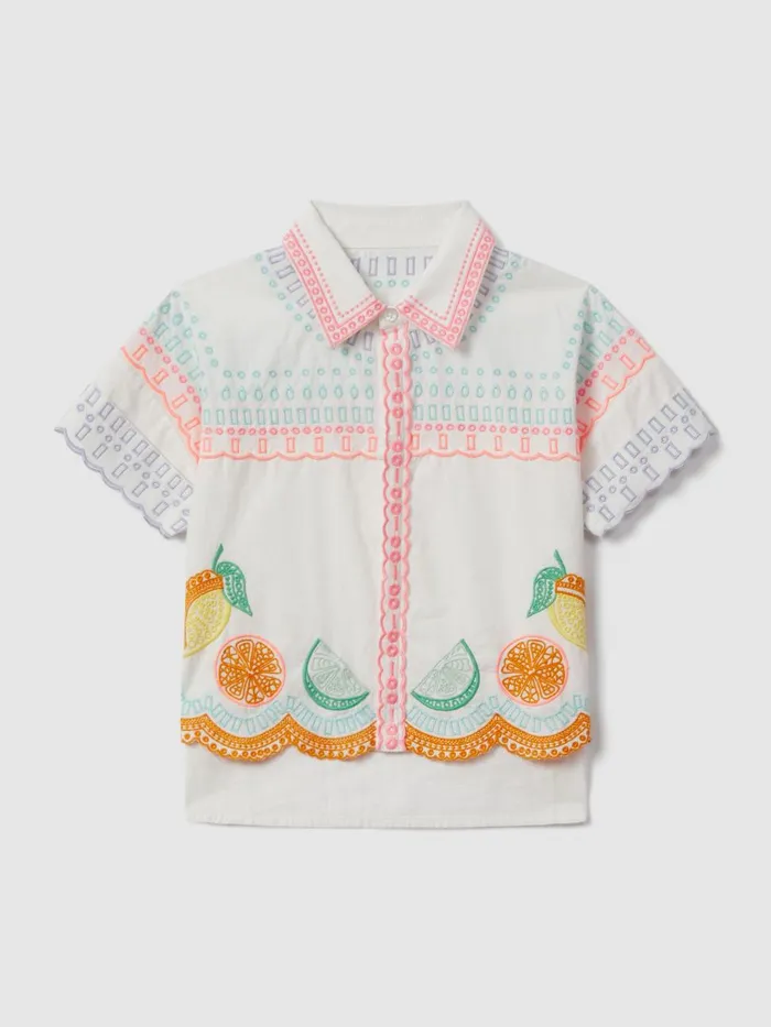 Children Reiss CoOrds Cesca Cotton Broderie Shirt Ivory Print