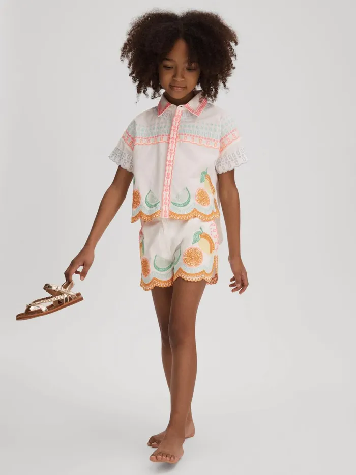Children Reiss CoOrds Cesca Cotton Broderie Shirt Ivory Print