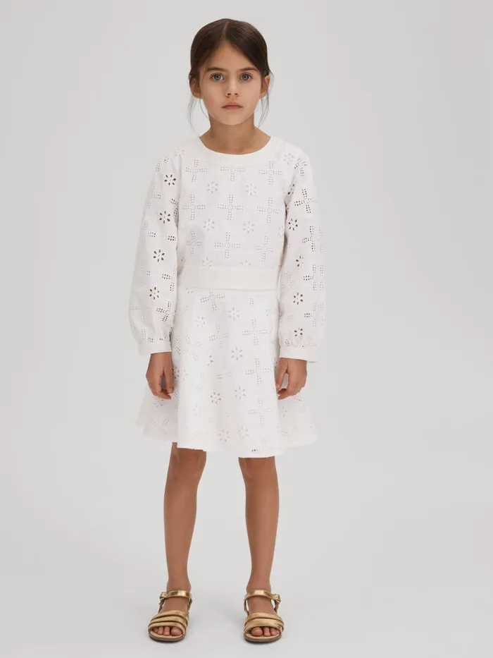 Children Reiss CoOrds Nella Cotton Broderie Lace Bow Back Top Ivory