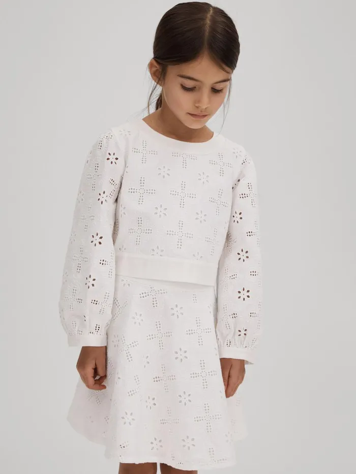 Children Reiss CoOrds Nella Cotton Broderie Lace Bow Back Top Ivory
