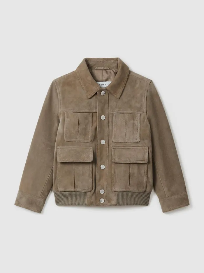 Children Reiss Coats and Jackets Bas Suede Front Pocket Jacket Pistachio