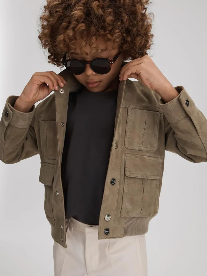 Children Reiss Coats and Jackets Bas Suede Front Pocket Jacket Pistachio