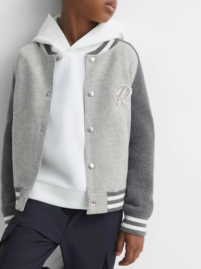 Children Reiss Coats and Jackets Belsize Cotton Blend Varsity Bomber Jacket Soft Grey