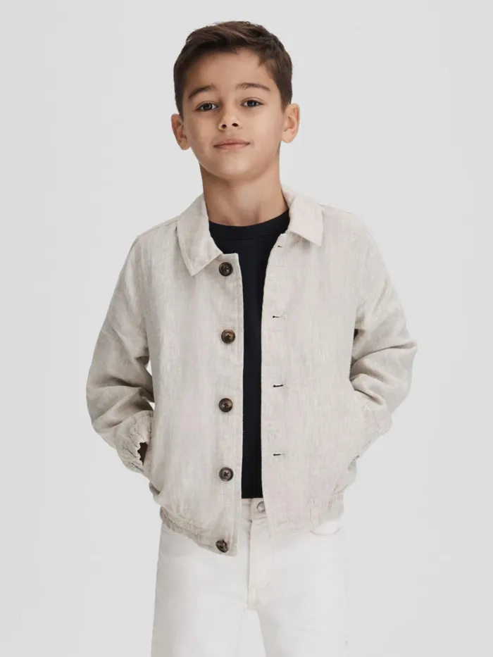 Children Reiss Coats and Jackets Cadiz Linen Elasticated Trim Bomber Jacket Stone