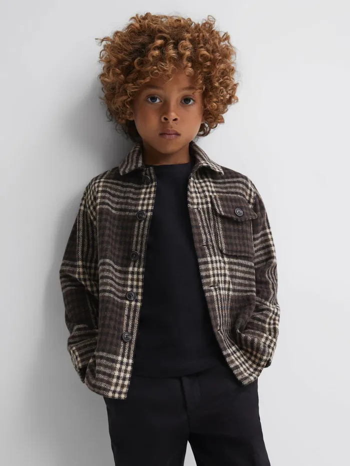 Children Reiss Coats and Jackets Mack Brushed Checked Overshirt Oatmeal