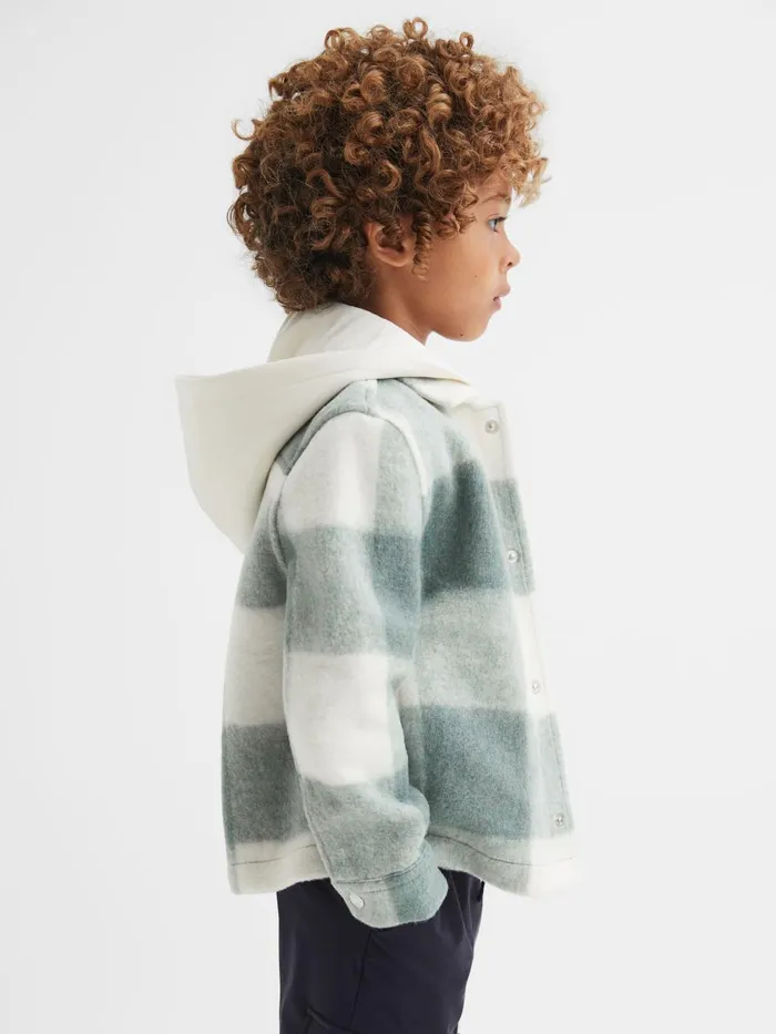 Children Reiss Coats and Jackets Scott Brushed Removable Hood Check Jacket Sage