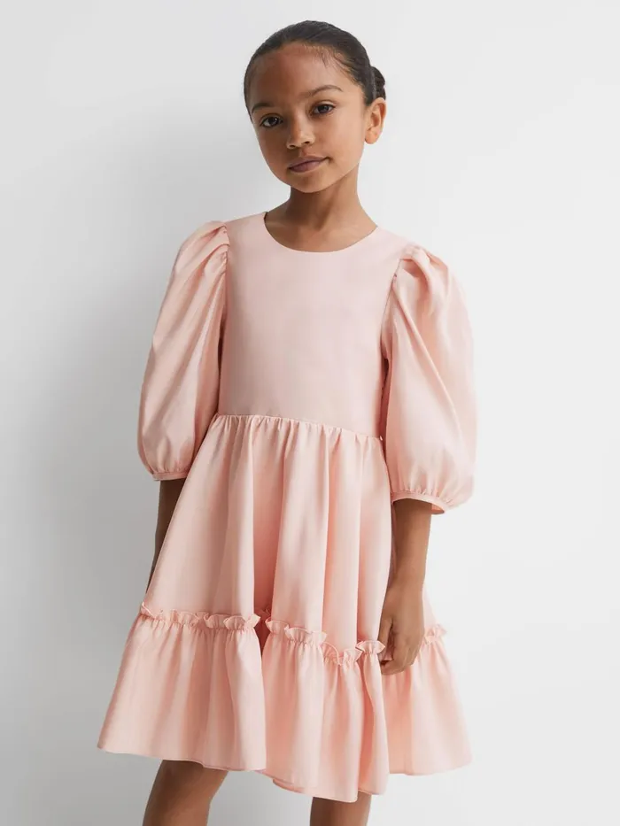 Children Reiss Dresses Toby Puff Sleeve Ruffle Mini Dress Pink