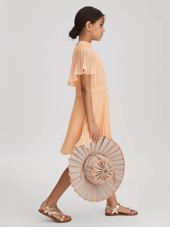 Children Reiss Dresses Verity Pleated Cape Sleeve Dress Apricot