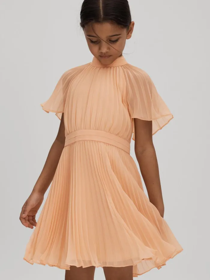 Children Reiss Dresses Verity Pleated Cape Sleeve Dress Apricot