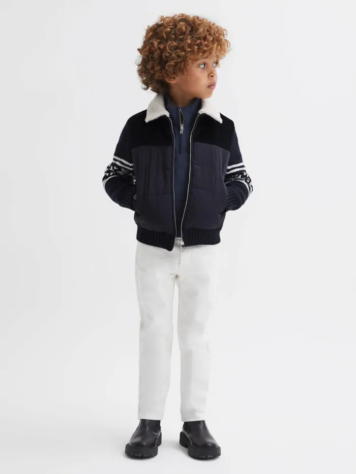 Children Reiss Knitwear Alpine Hybrid KnittedQuilted Fairisle Coat Navy