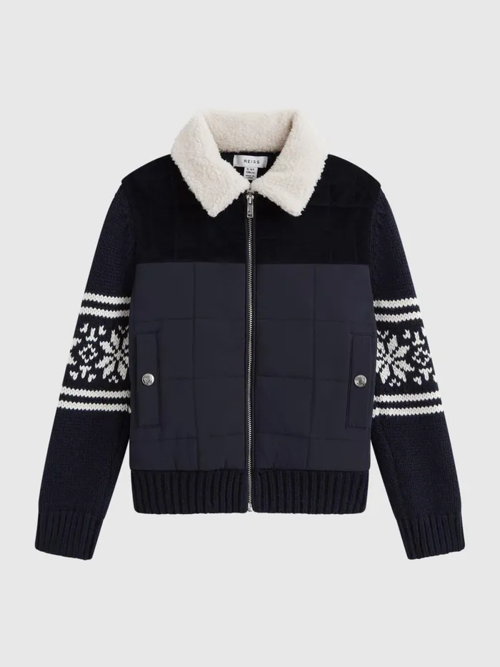 Children Reiss Knitwear Alpine Hybrid KnittedQuilted Fairisle Coat Navy