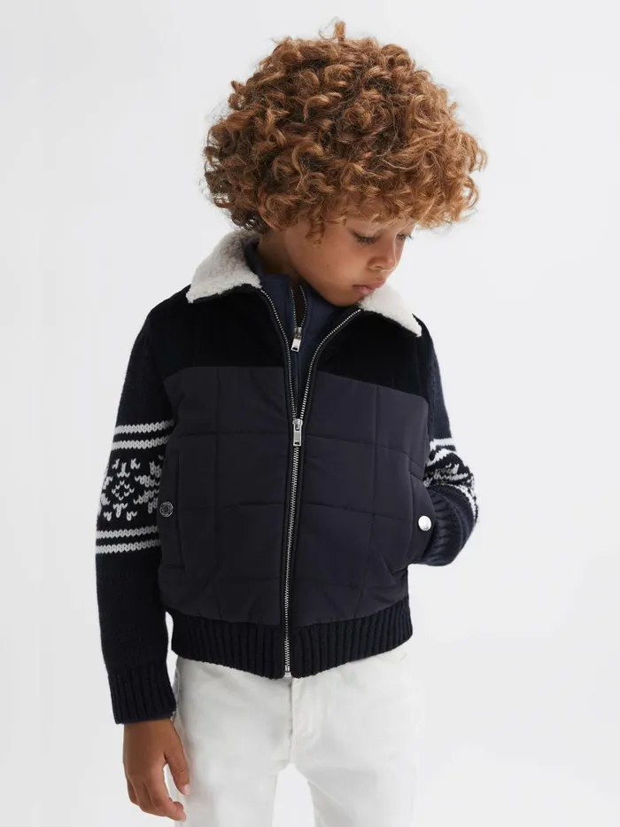 Children Reiss Knitwear Alpine Hybrid KnittedQuilted Fairisle Coat Navy