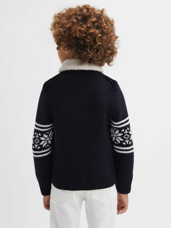 Children Reiss Knitwear Alpine Hybrid KnittedQuilted Fairisle Coat Navy