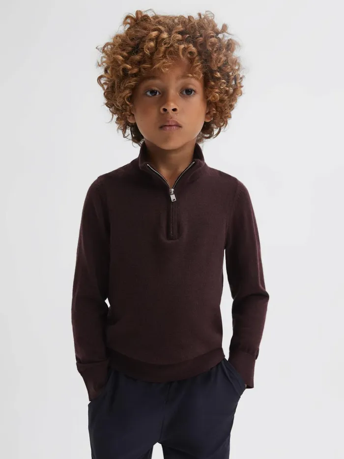 Children Reiss Knitwear Blackhall Merino Wool Zip Neck Jumper Bordeaux