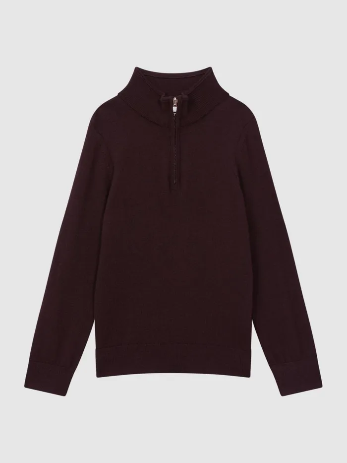 Children Reiss Knitwear Blackhall Merino Wool Zip Neck Jumper Bordeaux