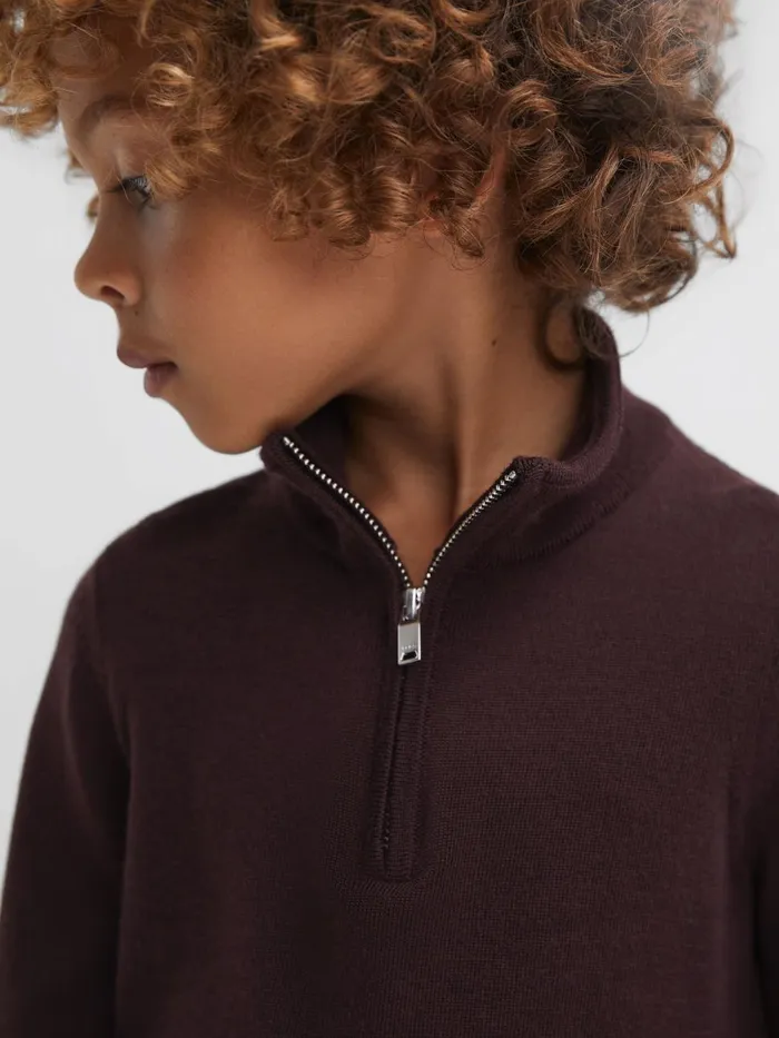 Children Reiss Knitwear Blackhall Merino Wool Zip Neck Jumper Bordeaux