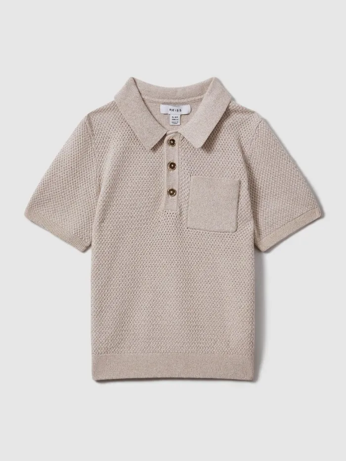 Children Reiss Polo Shirts Demetri Textured Cotton Polo Shirt Oatmeal Melange