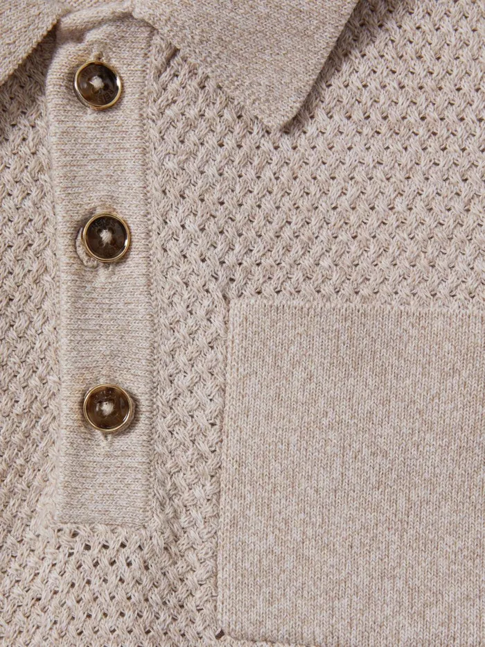 Children Reiss Polo Shirts Demetri Textured Cotton Polo Shirt Oatmeal Melange