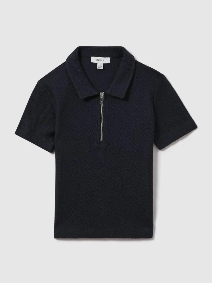 Children Reiss Polo Shirts Felix Textured Cotton HalfZip Polo Shirt Navy