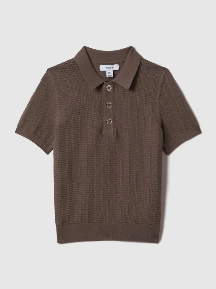 Children Reiss Polo Shirts Pascoe Textured Modal Blend Polo Shirt Pecan Brown