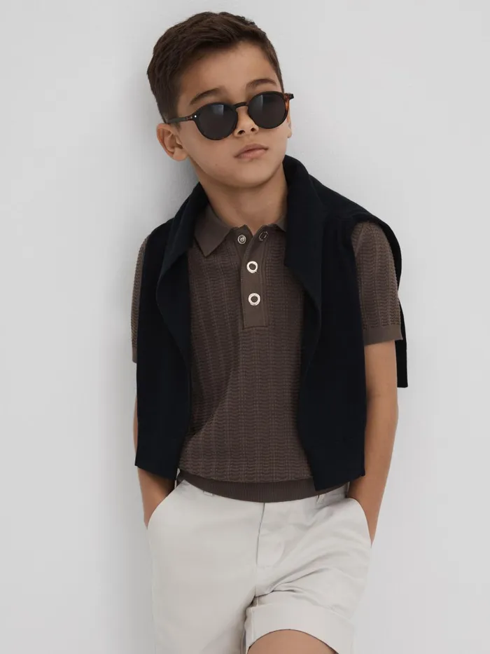 Children Reiss Polo Shirts Pascoe Textured Modal Blend Polo Shirt Pecan Brown