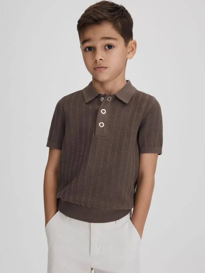 Children Reiss Polo Shirts Pascoe Textured Modal Blend Polo Shirt Pecan Brown