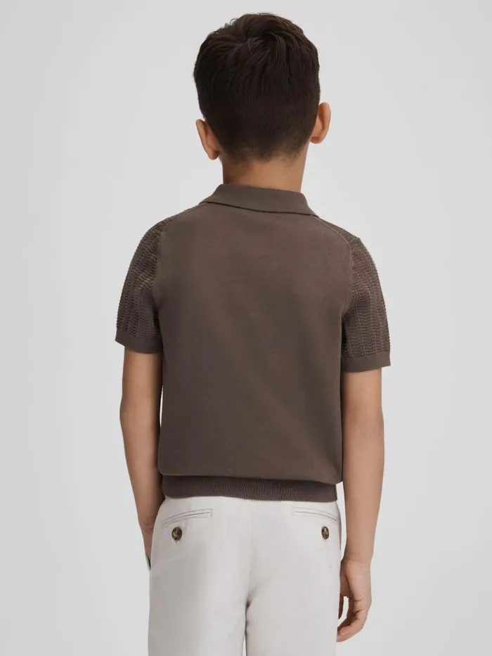 Children Reiss Polo Shirts Pascoe Textured Modal Blend Polo Shirt Pecan Brown