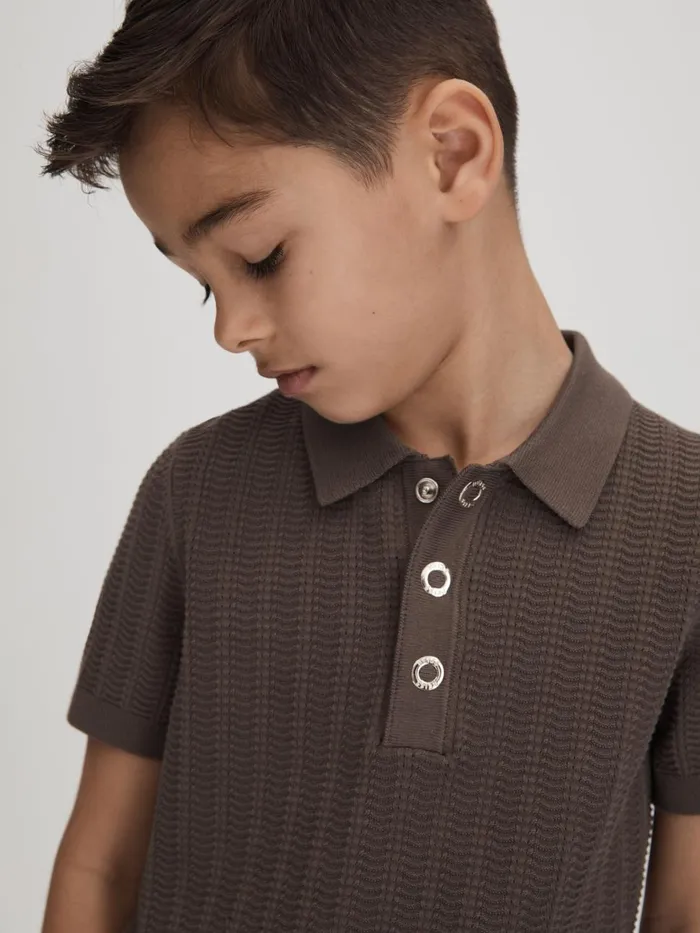Children Reiss Polo Shirts Pascoe Textured Modal Blend Polo Shirt Pecan Brown