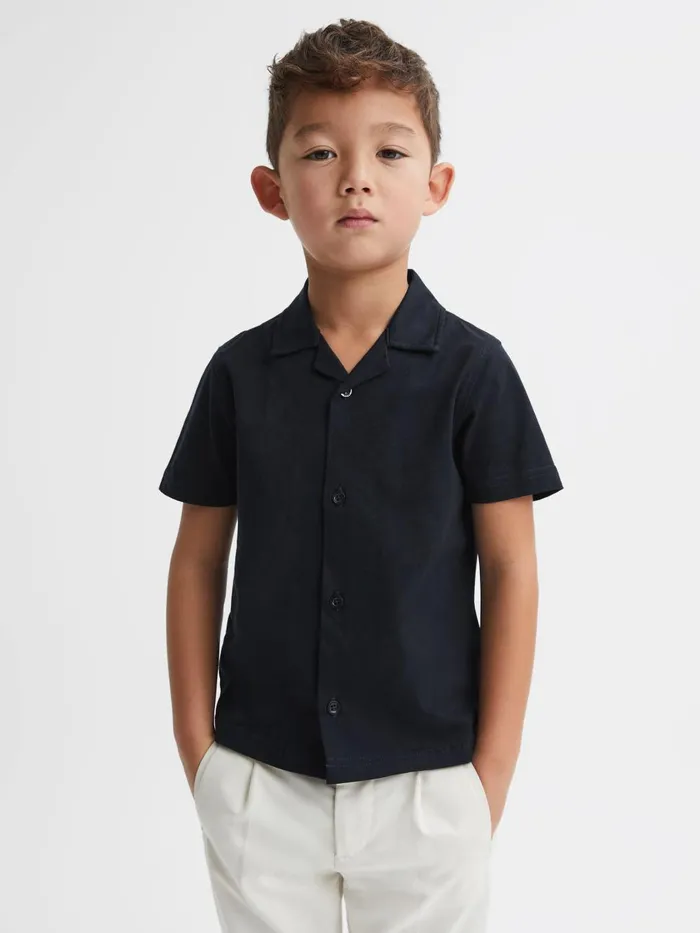 Children Reiss Shirts Caspa Cotton Cuban Collar Shirt Navy
