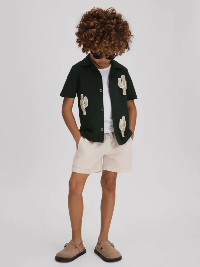 Children Reiss Shirts Stan Cotton Cactus Patch Cuban Collar Shirt Dark Green