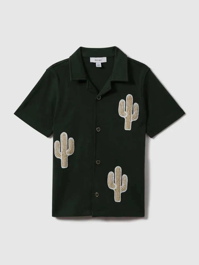 Children Reiss Shirts Stan Cotton Cactus Patch Cuban Collar Shirt Dark Green
